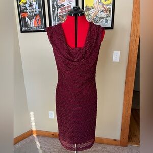 Burgundy lace cocktail dress. Draped collar. Size 10, length 37”